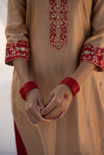 BEIGE-RED KURTA SET