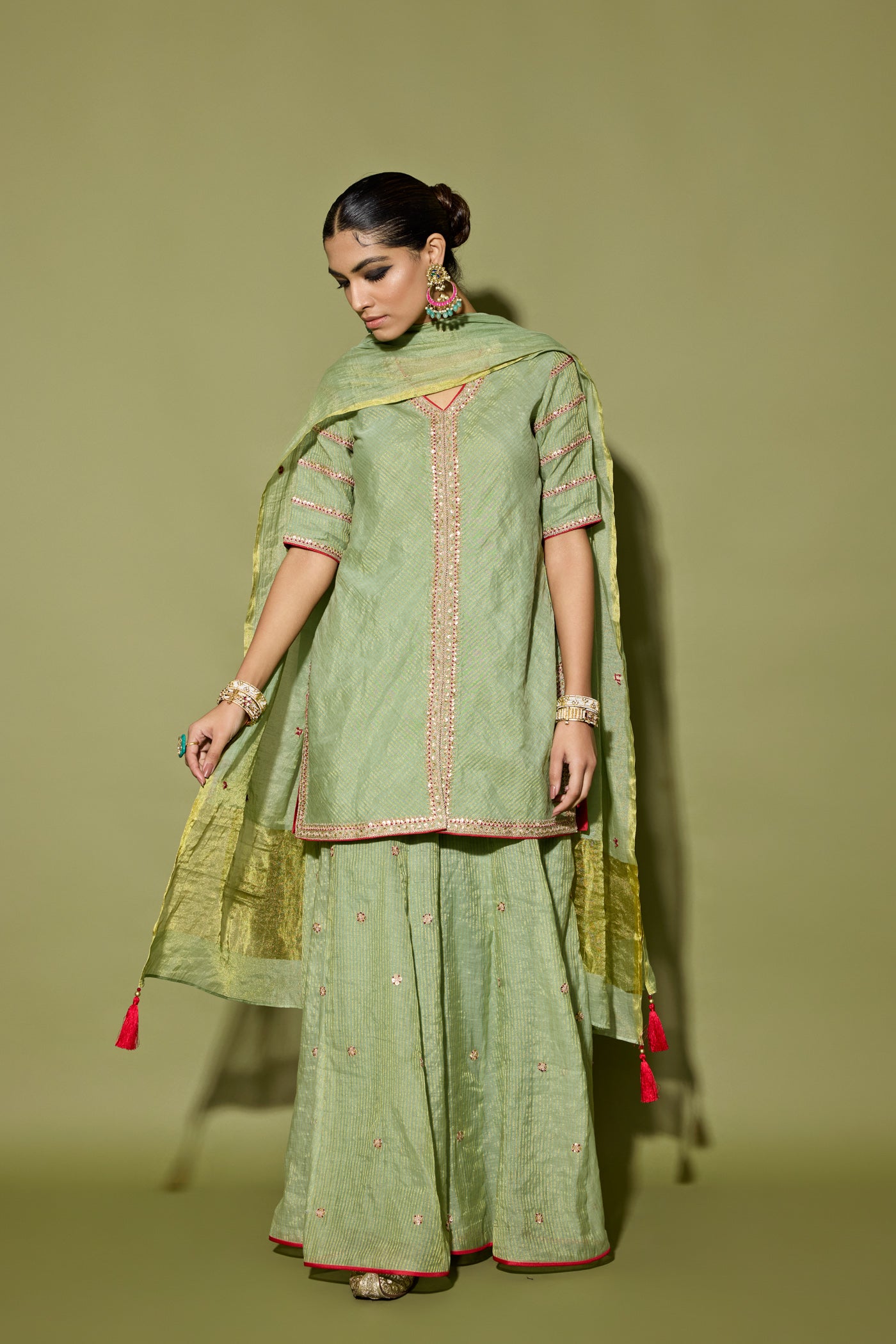 STRIPE TISSUE SHORT KURTA AND SHARARA SET