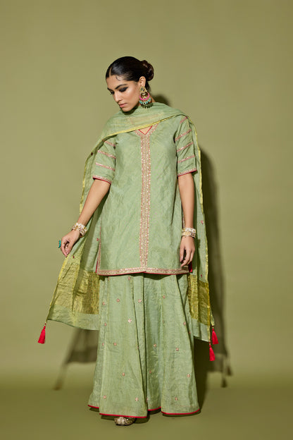 STRIPE TISSUE SHORT KURTA AND SHARARA SET