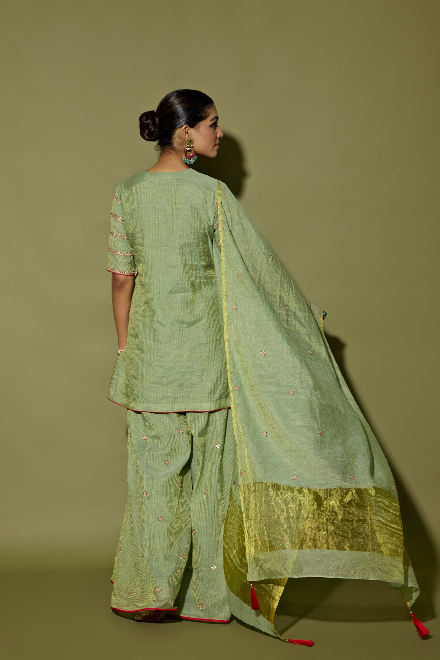 STRIPE TISSUE SHORT KURTA AND SHARARA SET