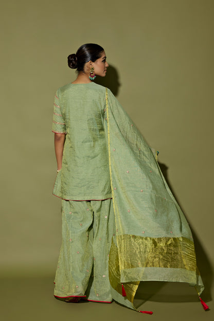 STRIPE TISSUE SHORT KURTA AND SHARARA SET