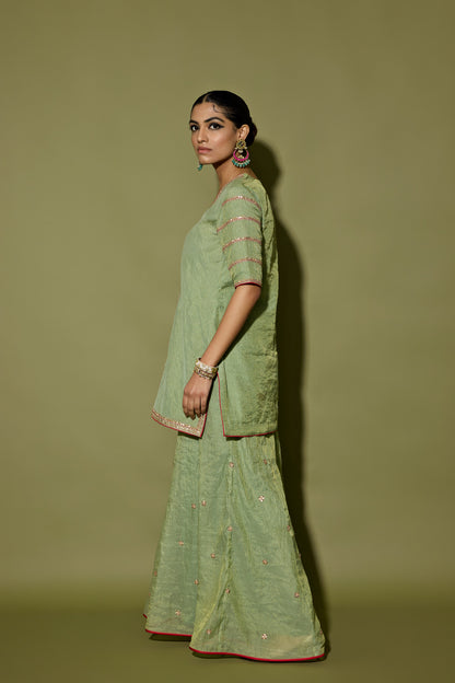 STRIPE TISSUE SHORT KURTA AND SHARARA SET