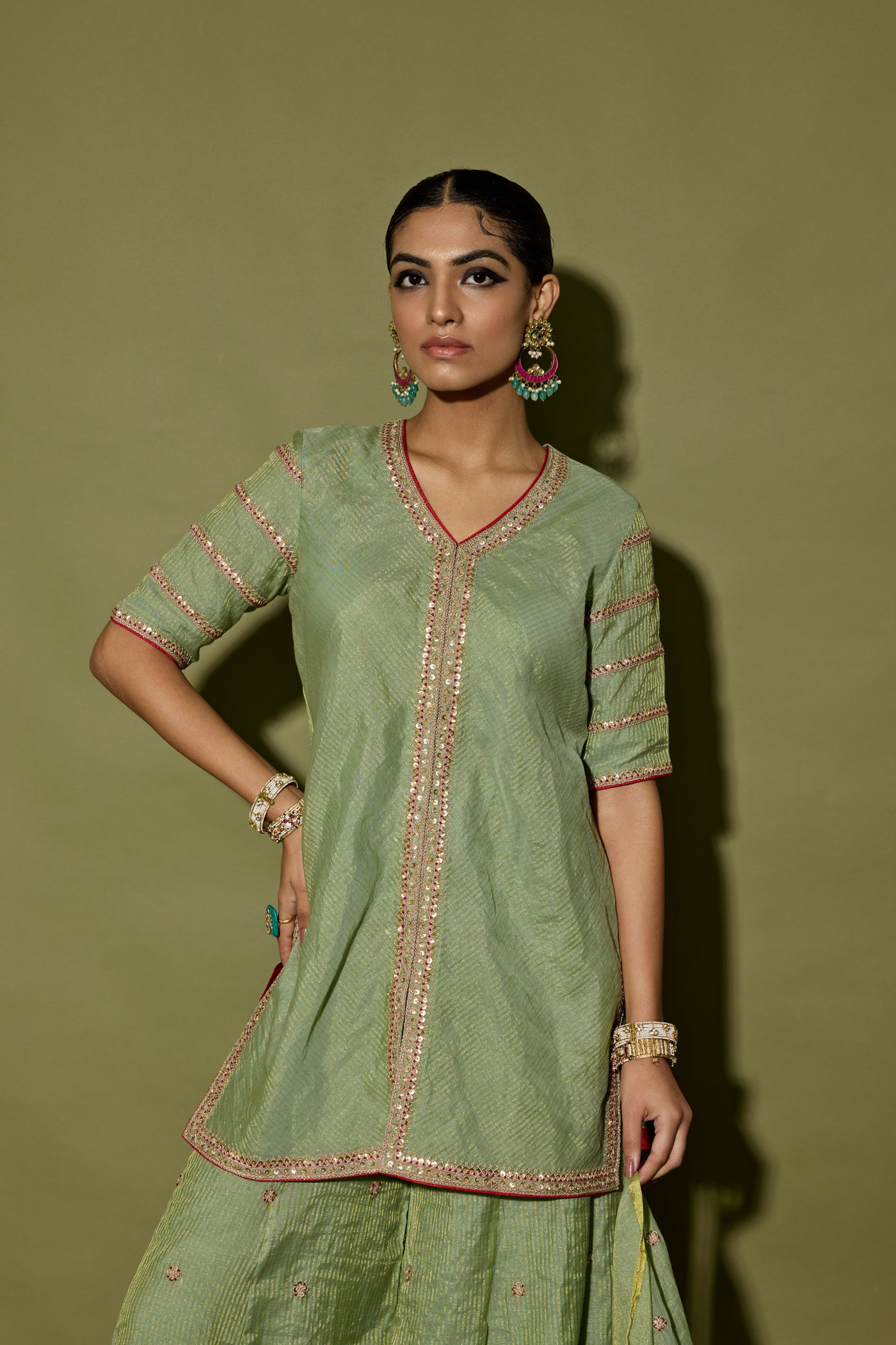 STRIPE TISSUE SHORT KURTA AND SHARARA SET