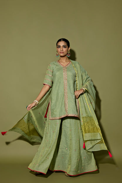 STRIPE TISSUE SHORT KURTA AND SHARARA SET