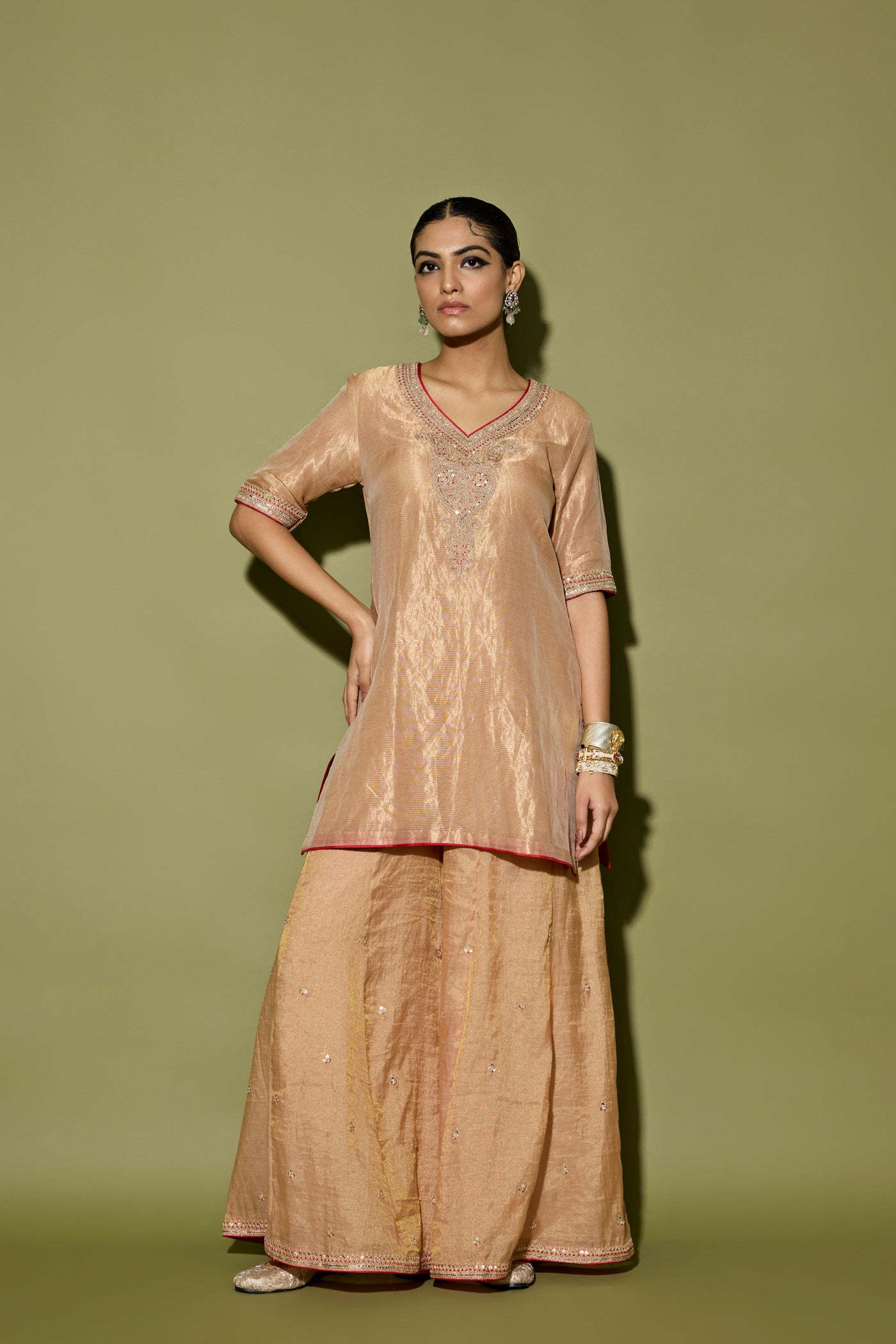 STRIPE TISSUE SHORT KURTA AND SHARARA SET