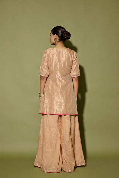 STRIPE TISSUE SHORT KURTA AND SHARARA SET