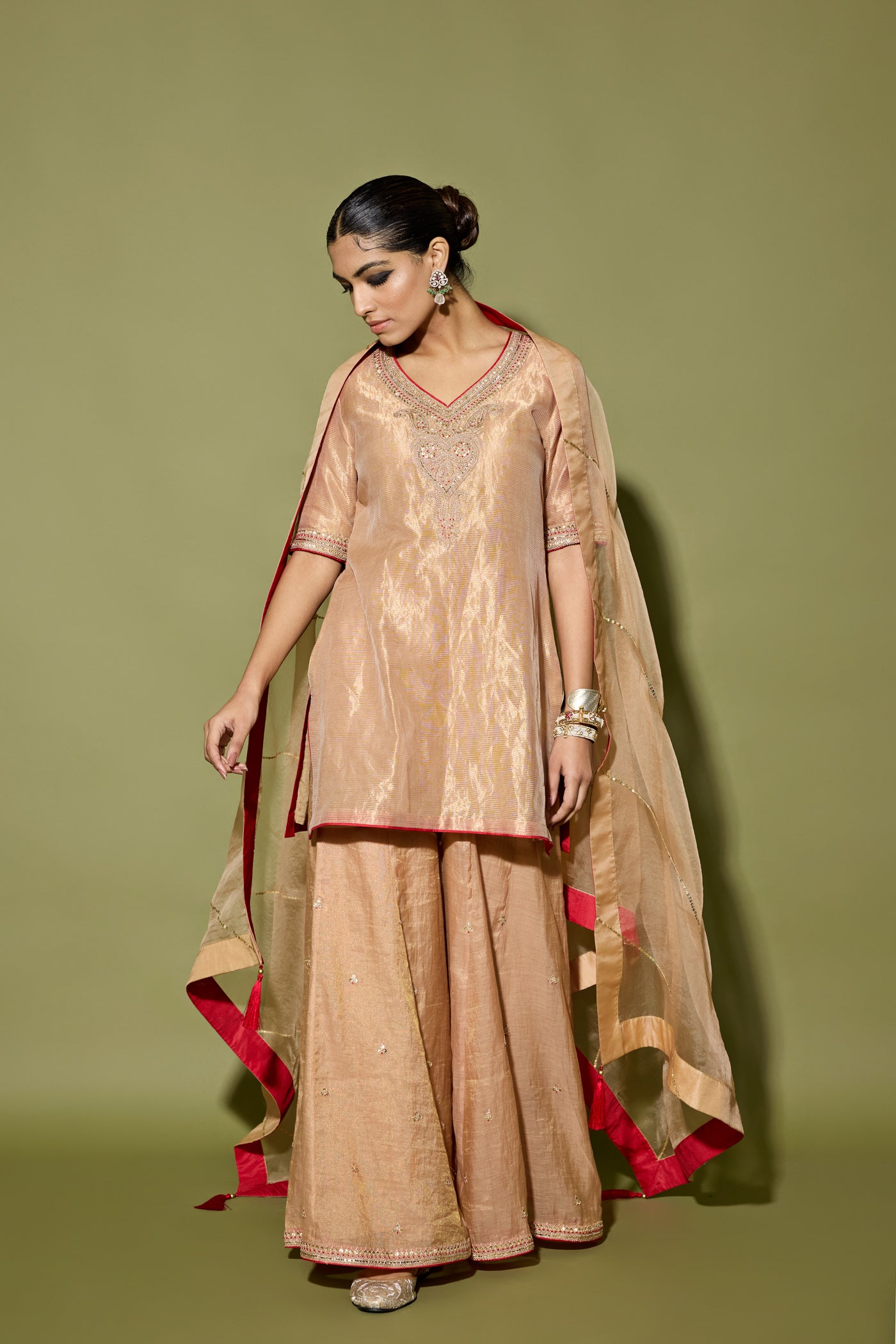 STRIPE TISSUE SHORT KURTA AND SHARARA SET