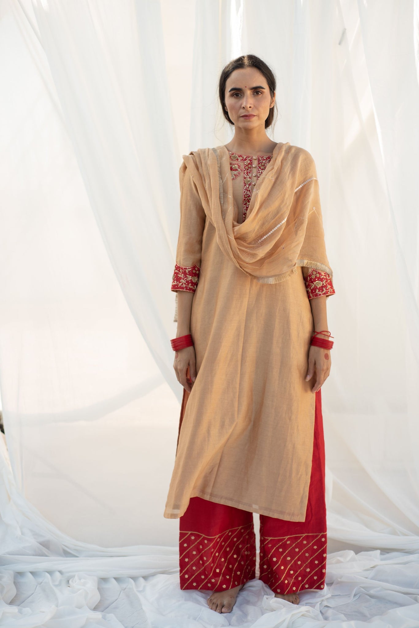 BEIGE-RED KURTA SET