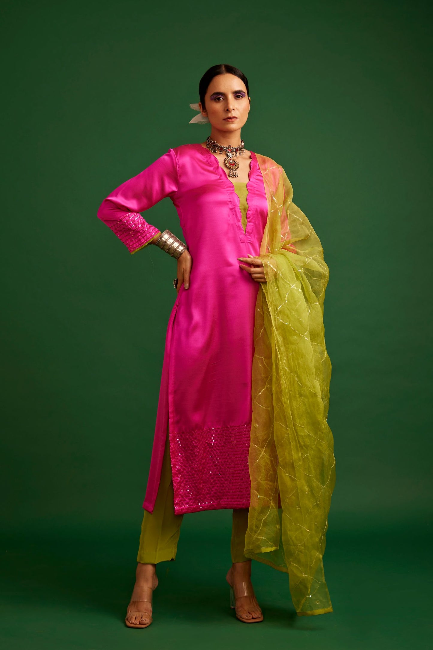 RANI PINK AND LIME KURTA SET