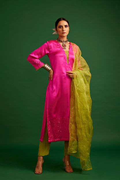RANI PINK AND LIME KURTA SET